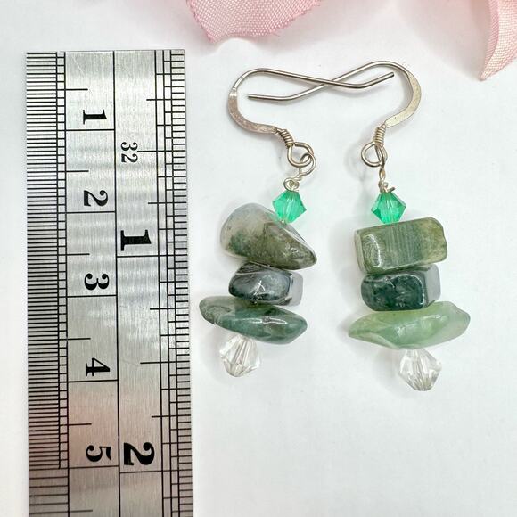 Green Gemstone Nugget Silver Bohemian Dangle Earrings Shades Of Green Tested - Picture 4 of 6
